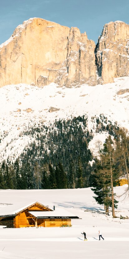 Cross-country skiers at the foot of the Rosengarten | © Carezza Dolomites/StorytellerLabs